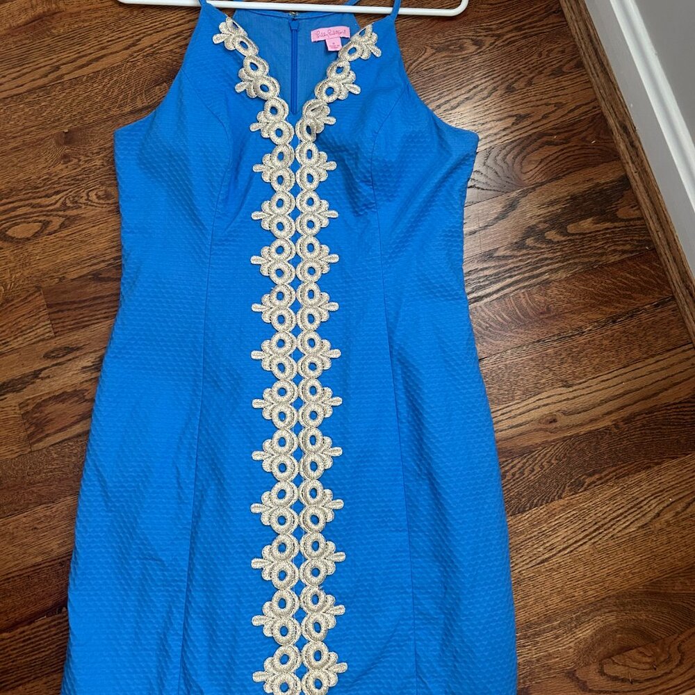Lilly Pulitizer Blue Dress with Gold Embroidery Size 6 - Picture 2 of 7